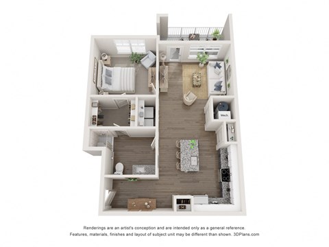 a 3d floor plan of a 1 bedroom apartment
